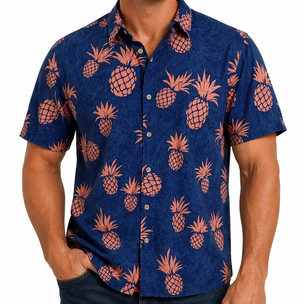 Cooke Street Hawaiian Aloha Shirt XL Pineapples Floral Blue Pale Red